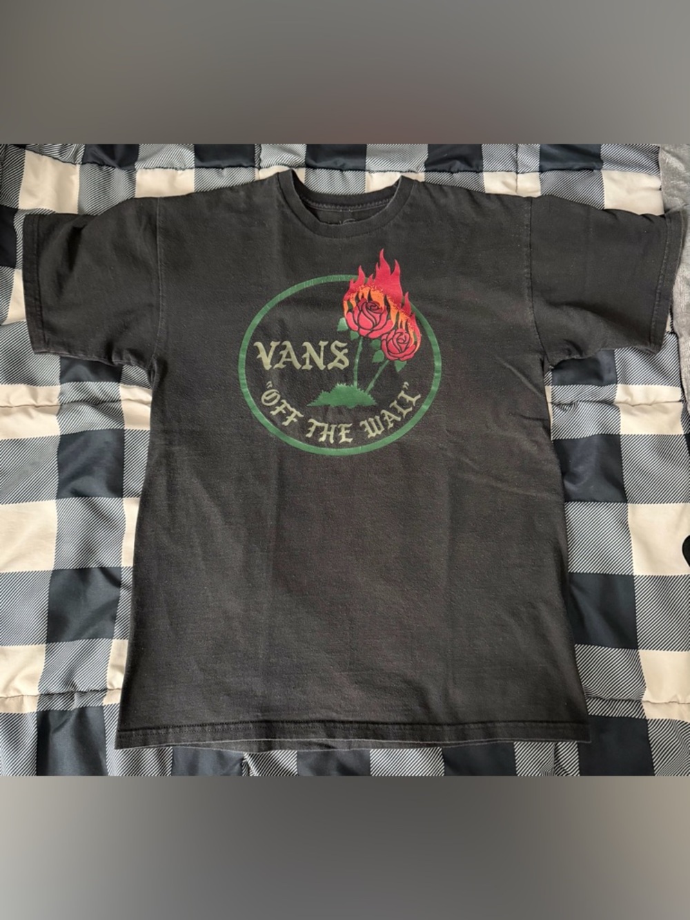 Vans Black Tee with Flaming Rose Graphic